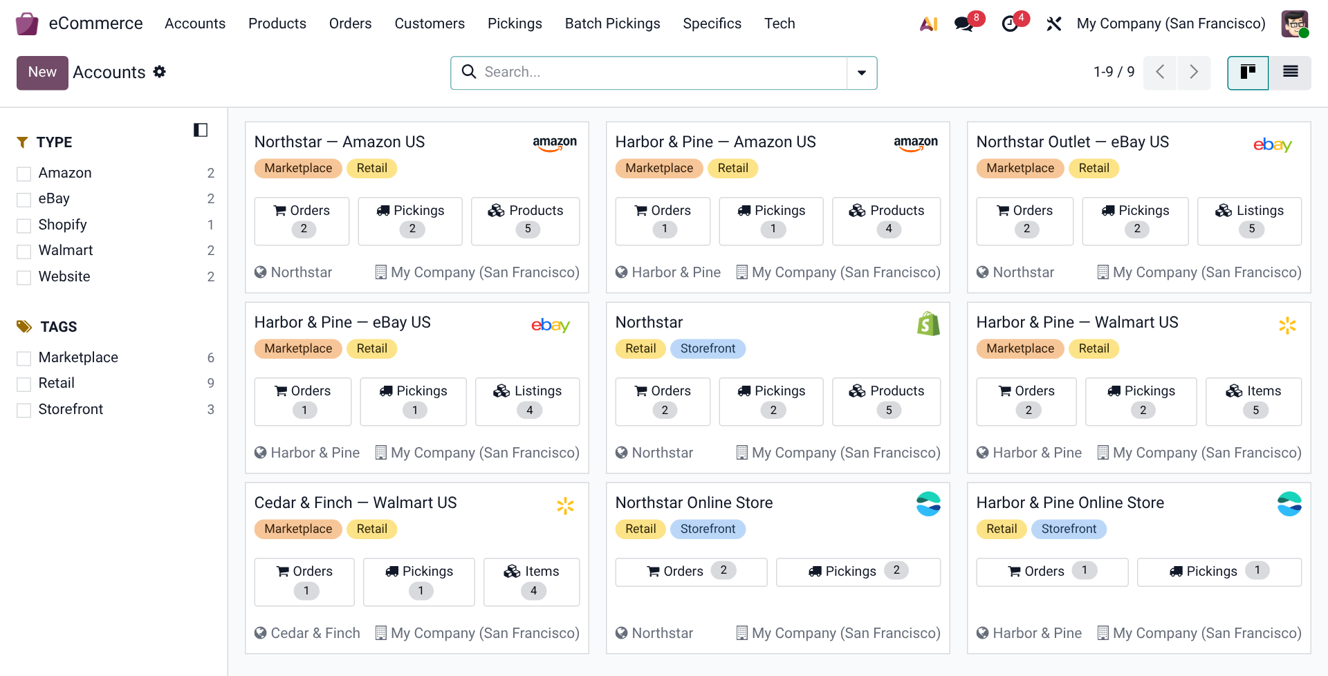 Kinxpro ecommerce dashboard with built-in Amazon, eBay, Walmart, Shopify, and Website demo accounts, orders, products, and pickings.